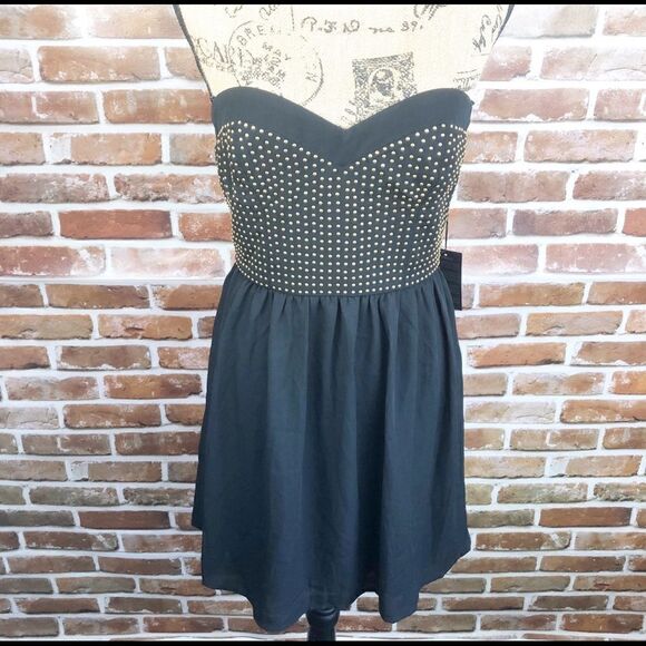 Short Black/Gold Halter Studded Dress - Picture 7 of 8